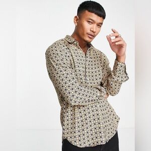 Pull&Bear 70s Geometric Printed Long Sleeve Shirt Large